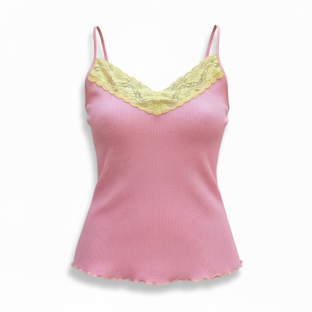 Vintage Y2K GAP Body Pink Waffle Knit Lace Cami‎ Top Medium Coquette
